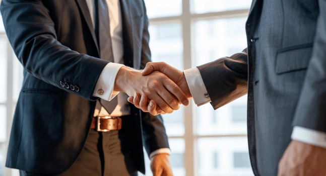 Business professionals shaking hands during a meeting