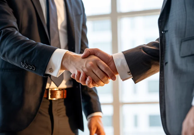 Business professionals shaking hands during a meeting