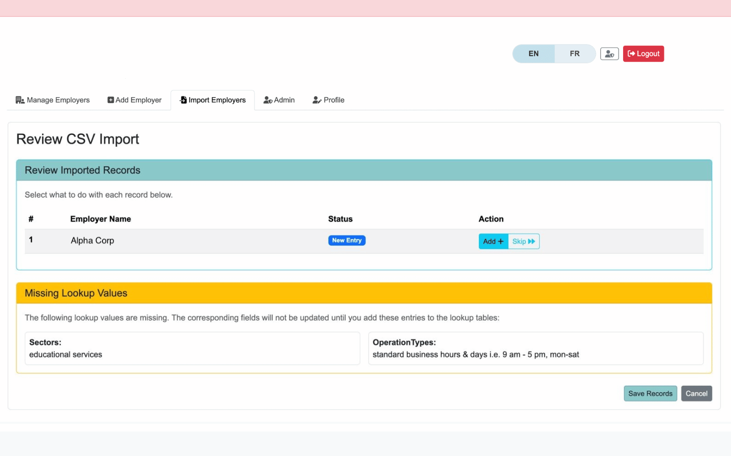 Admin portal interface for importing employer data via CSV