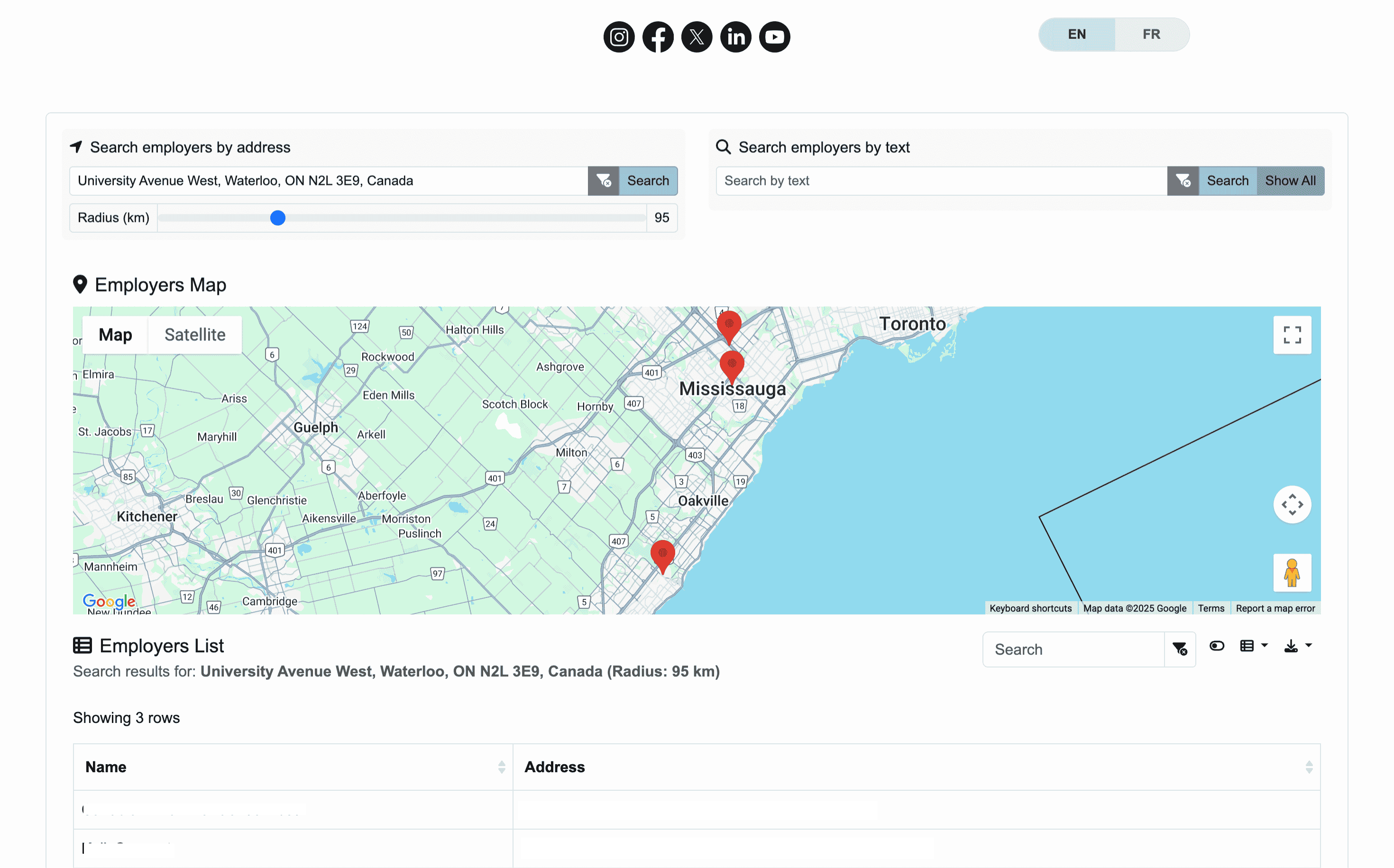 Public portal for employer search with map and results list