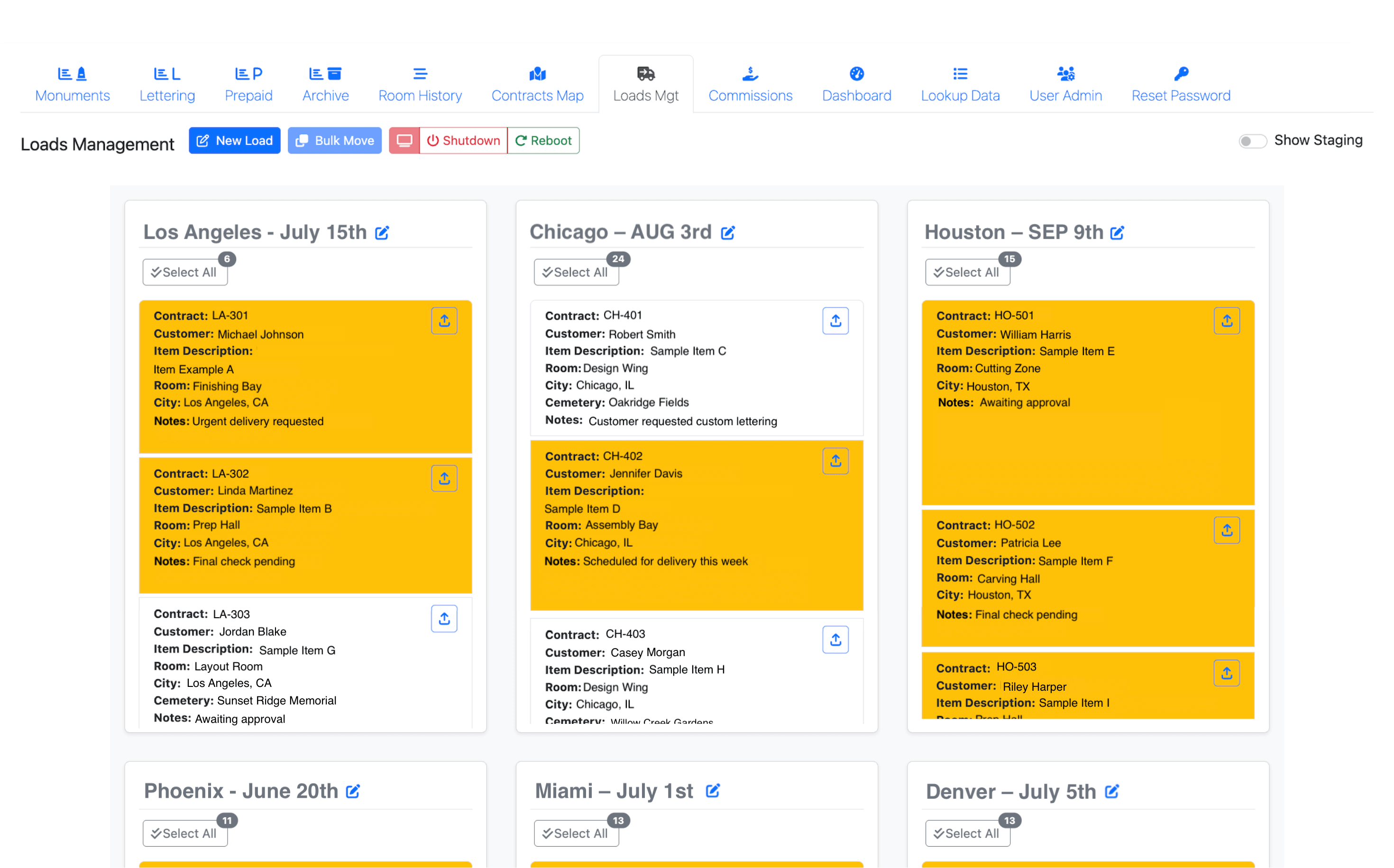 Loads Management dashboard visualizing delivery and production coordination