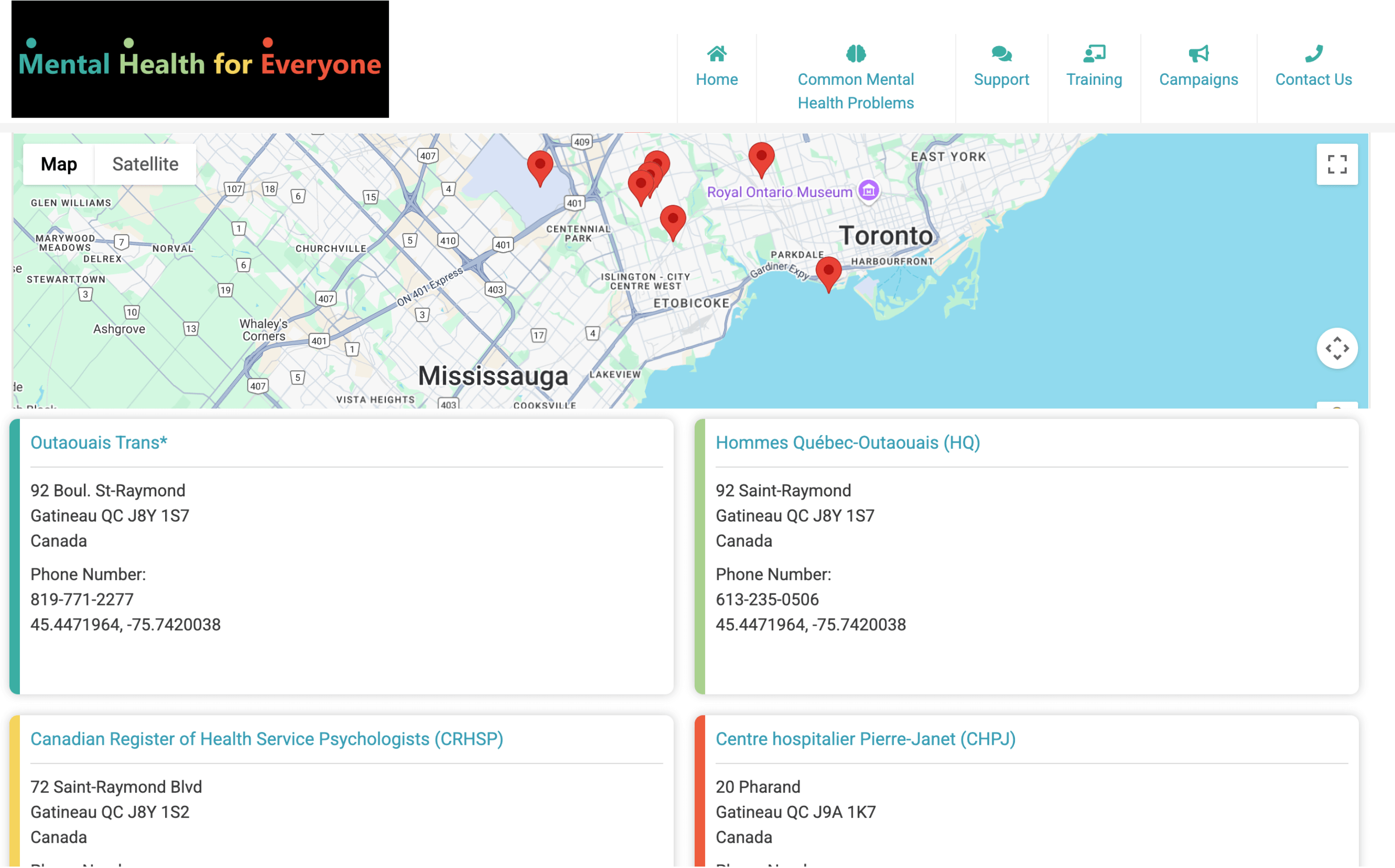 Map view with mental health facility results and contact details listed