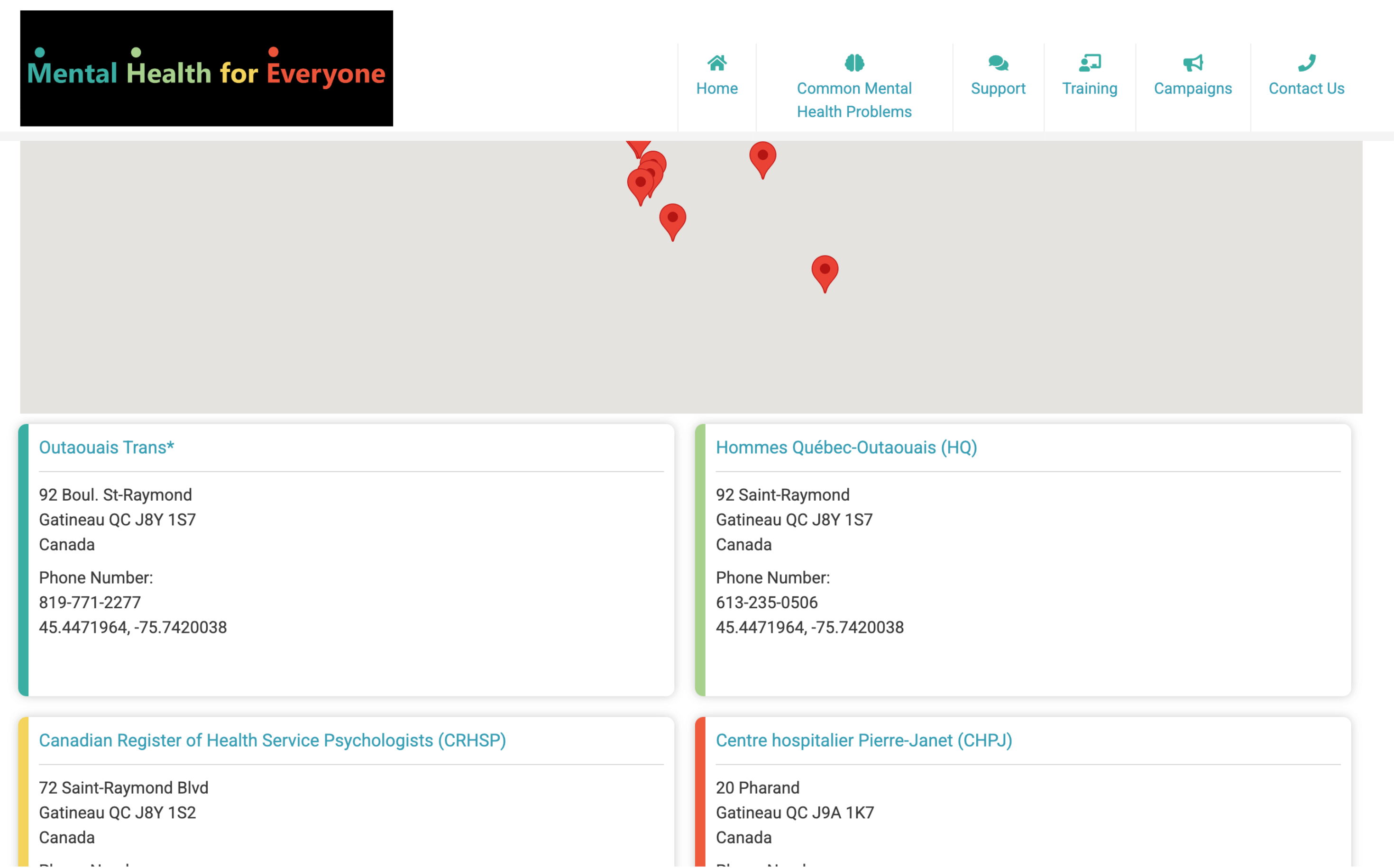 Map view with mental health facility results and contact details listed