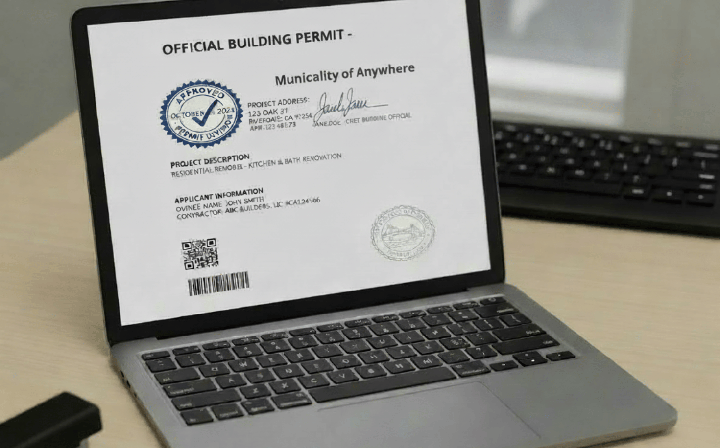 Completed municipal permit application displayed with final approval outcome.