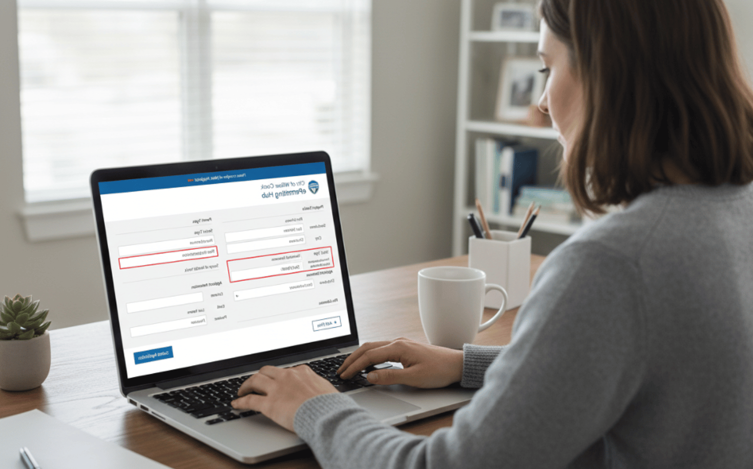 Online municipal permit application form used for submitting project details and documents.