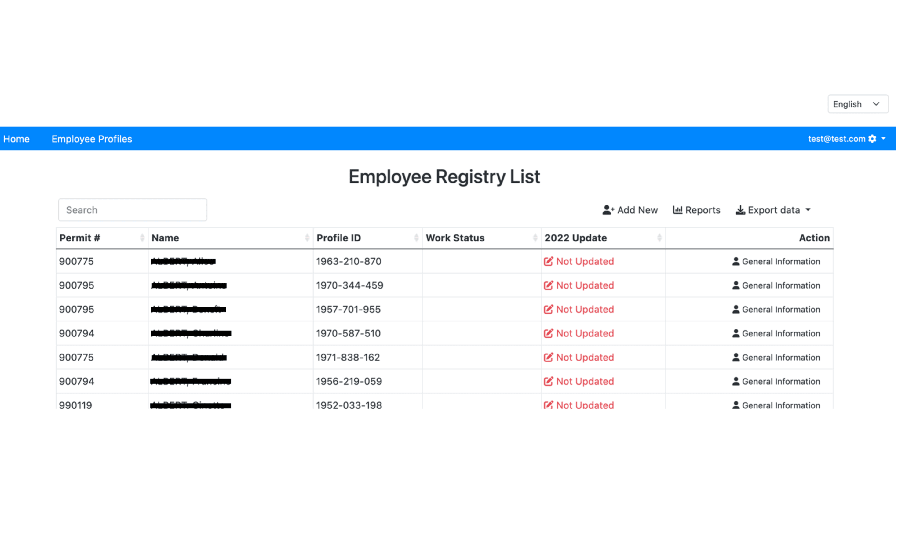 Employee registry interface displaying seasonal staff