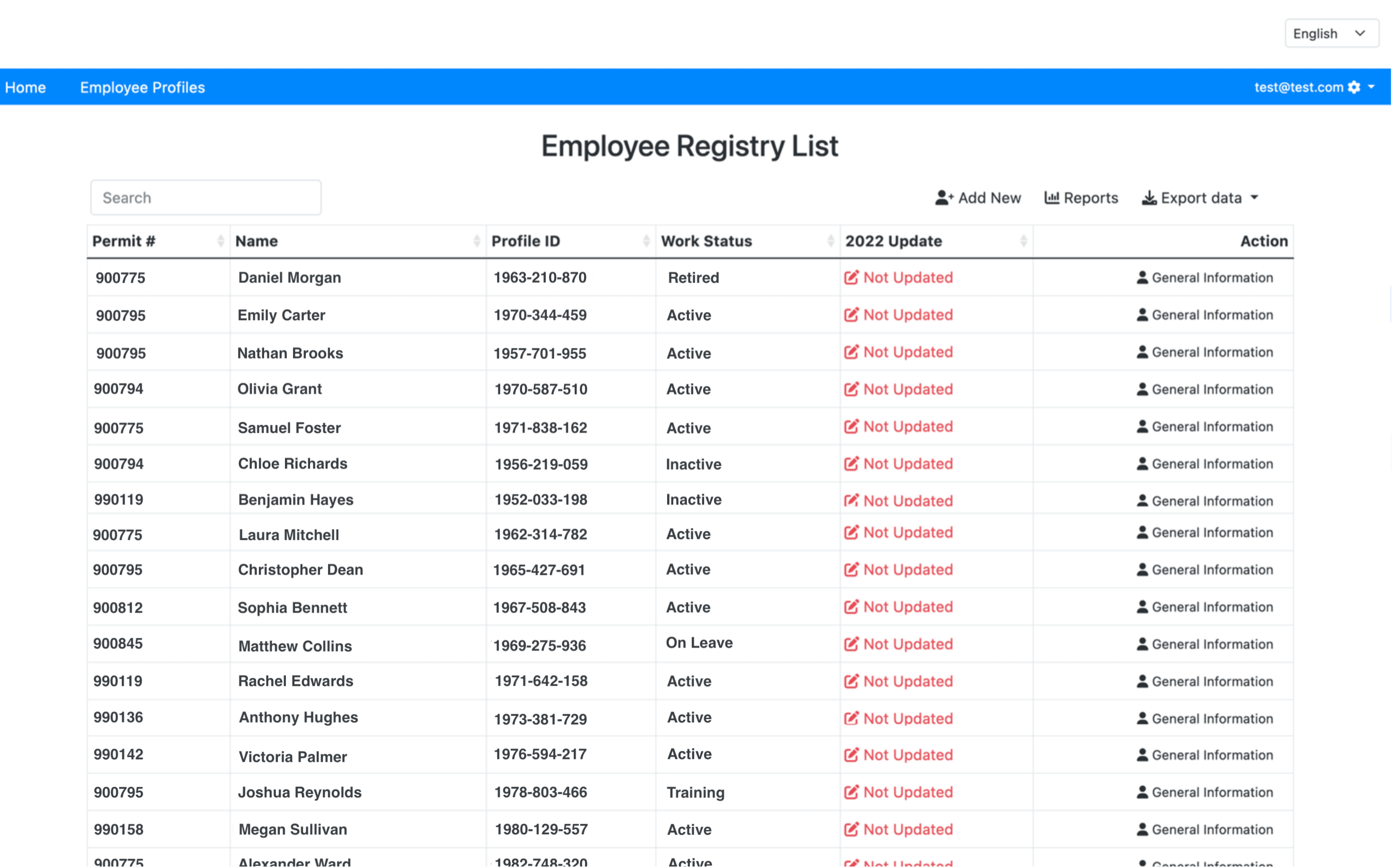 Employee registry interface displaying seasonal staff
