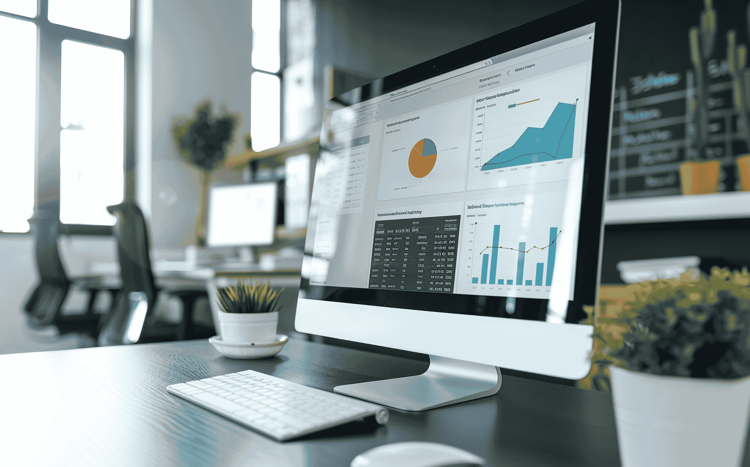 Abstract computer screen with data visualization graphics